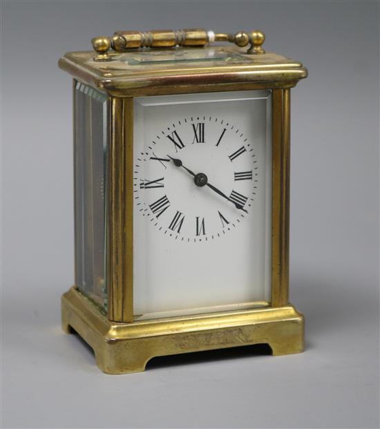 A late 19th century French brass cased eight day carriage timepiece height 35cm
